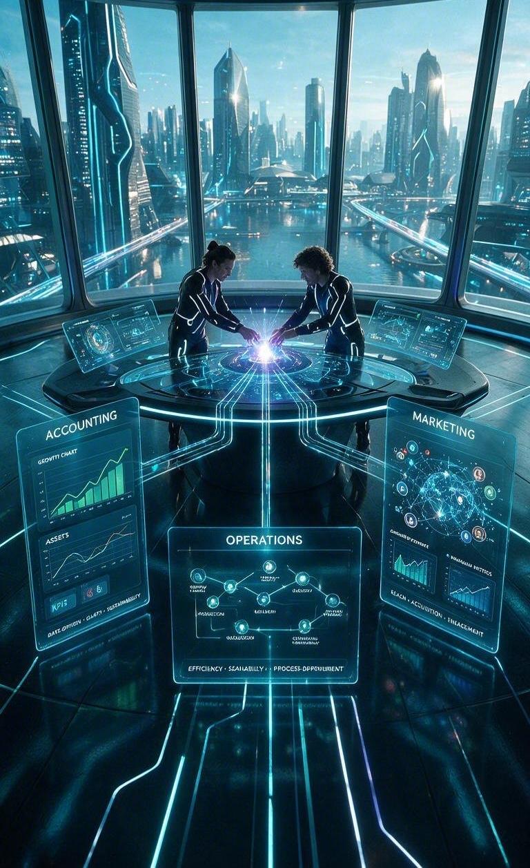 Two people working at a glowing table with accounting, operations and marketing panels