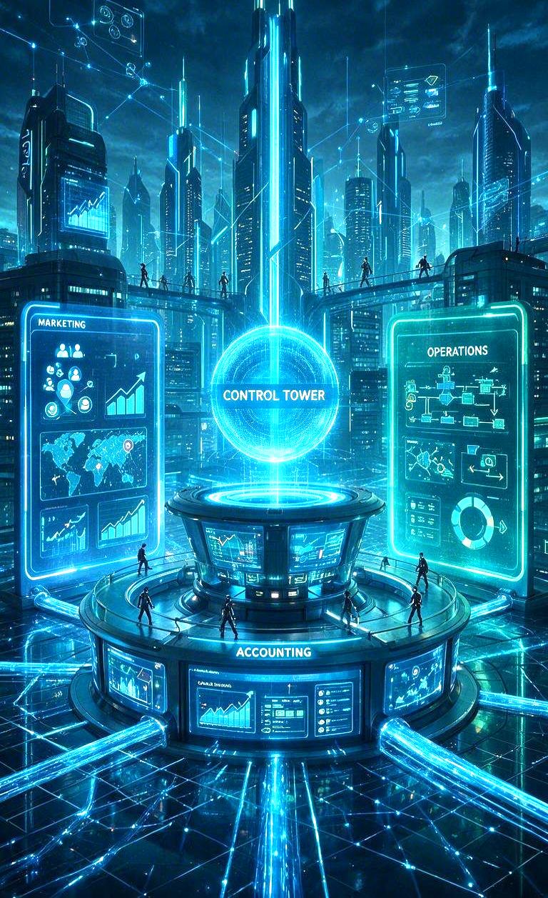 A control tower in a city with marketing, operations and accounting screens